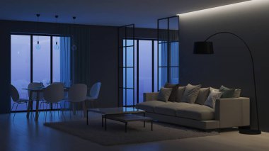 Modern ev iç. Mutfak cam bölmeler arkasında. İyi geceler. Akşam aydınlatma. 3D render.