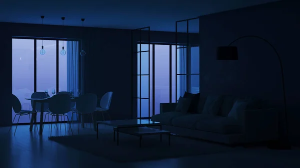 Interior Casa Moderna Cozinha Atrás Divisórias Vidro Boa Noite Iluminação — Fotografia de Stock