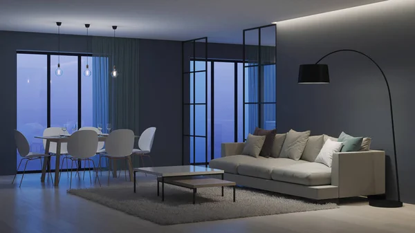 Modern Huis Interieur Keuken Achter Glazen Wanden Nacht Avonds Verlichting — Stockfoto