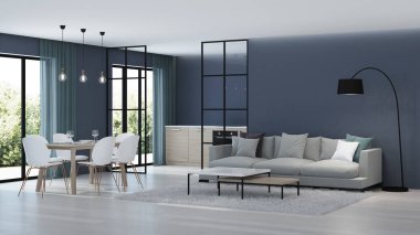 Modern ev iç. Mutfak cam bölmeler arkasında. 3D render.