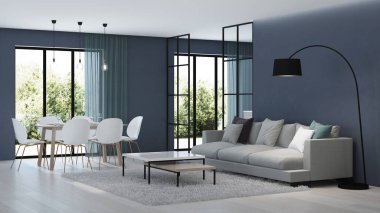 Modern ev iç. Mutfak cam bölmeler arkasında. 3D render.