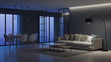 Modern ev iç. Yatak odası cam bölmeler arkasında. İyi geceler. Akşam aydınlatma. 3D render.