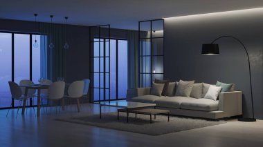 Modern ev iç. Yatak odası cam bölmeler arkasında. İyi geceler. Akşam aydınlatma. 3D render.