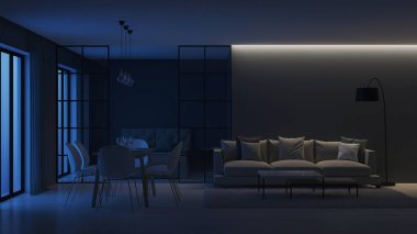 Modern ev iç. Yatak odası cam bölmeler arkasında. İyi geceler. Akşam aydınlatma. 3D render.