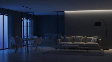 Modern ev iç. Yatak odası cam bölmeler arkasında. İyi geceler. Akşam aydınlatma. 3D render.