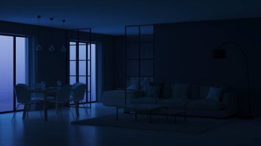 Modern ev iç. Yatak odası cam bölmeler arkasında. İyi geceler. Akşam aydınlatma. 3D render.