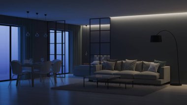 Modern ev iç. Yatak odası cam bölmeler arkasında. İyi geceler. Akşam aydınlatma. 3D render.