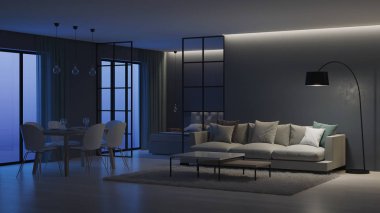 Modern ev iç. Yatak odası cam bölmeler arkasında. İyi geceler. Akşam aydınlatma. 3D render.