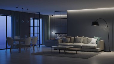 Modern ev iç. Yatak odası cam bölmeler arkasında. İyi geceler. Akşam aydınlatma. 3D render.