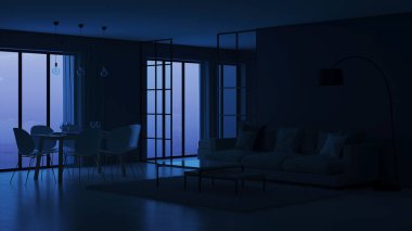 Modern ev iç. Yatak odası cam bölmeler arkasında. İyi geceler. Akşam aydınlatma. 3D render.