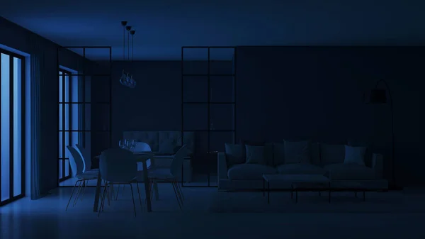 Σύγχρονο Σπίτι Εσωτερικό Υπνοδωμάτιο Πίσω Από Γυάλινα Χωρίσματα Βράδυ Φωτισμός — Φωτογραφία Αρχείου