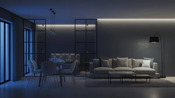 Modern Huis Interieur Slaapkamer Achter Glazen Wanden Nacht Avonds Verlichting — Stockfoto