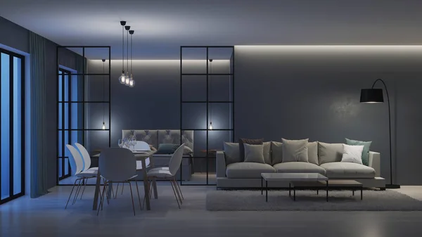 Modern Huis Interieur Slaapkamer Achter Glazen Wanden Nacht Avonds Verlichting — Stockfoto