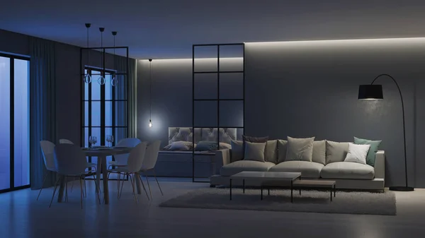 Moderne Hauseinrichtung Schlafzimmer Hinter Glasabtrennungen Nacht Abendbeleuchtung Darstellung — Stockfoto
