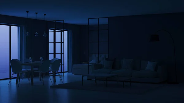 Nowoczesne Wnętrze Sypialni Ścianki Działowe Noc Oświetlenie Wieczorne Renderowania — Zdjęcie stockowe