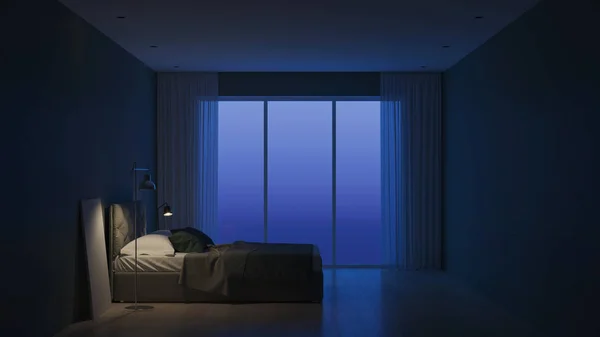モダンな家のインテリア ガラス張りのインテリアベッドルーム 夕方の照明 レンダリング — ストック写真