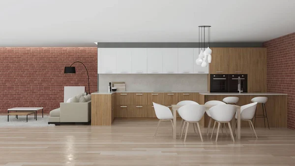 Modern kitchen interior. Interior design in the style of Loft. 3D rendering.