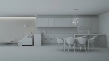 Modern mutfak iç mimarisi. İyi geceler. Akşam aydınlatması. 3B görüntüleme.