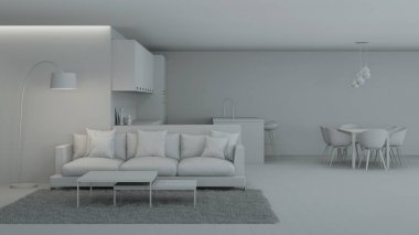 Modern mutfak iç mimarisi. İyi geceler. Akşam aydınlatması. 3B görüntüleme.