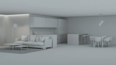 Modern mutfak iç mimarisi. İyi geceler. Akşam aydınlatması. 3B görüntüleme.