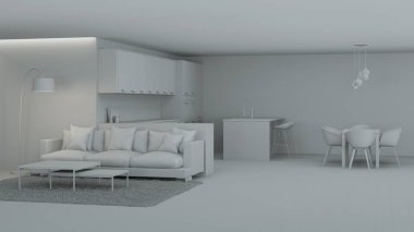 Modern mutfak iç mimarisi. İyi geceler. Akşam aydınlatması. 3B görüntüleme.