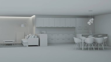 Modern mutfak iç mimarisi. İyi geceler. Akşam aydınlatması. 3B görüntüleme.
