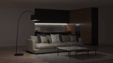Modern mutfak iç mimarisi. İyi geceler. Akşam aydınlatması. 3B görüntüleme.
