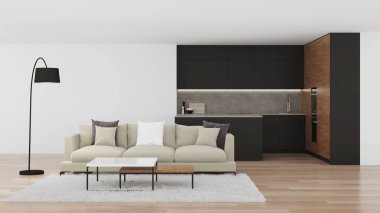 Modern mutfak iç. Siyah mutfak ile parlak iç. 3d render.