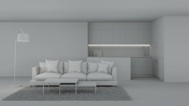 Modern mutfak iç mimarisi. İç kısmı gri. 3B görüntüleme.