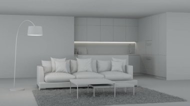 Modern mutfak iç mimarisi. İç kısmı gri. 3B görüntüleme.