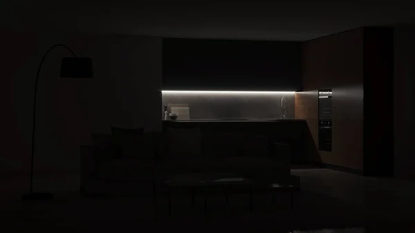 Modern kitchen interior. Night. Evening lighting. 3D rendering.
