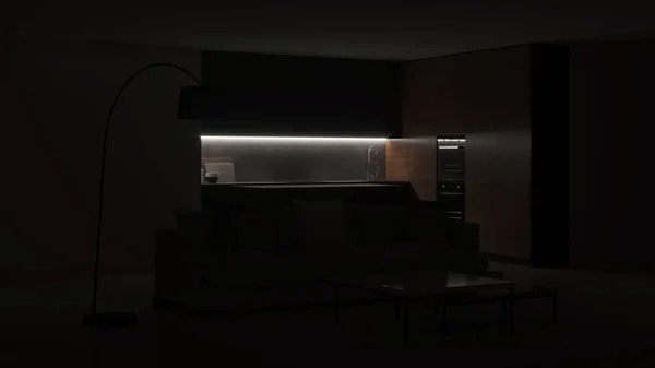 Modern kitchen interior. Night. Evening lighting. 3D rendering.