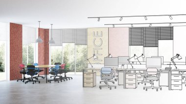 Modern ofis iç. Tasarım projesi. Çizim. 3d render.