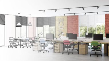Modern ofis iç. Tasarım projesi. Çizim. 3d render.