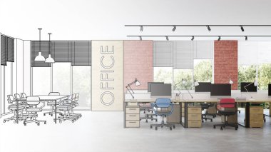 Modern ofis iç. Tasarım projesi. Çizim. 3d render.