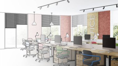 Modern ofis iç. Tasarım projesi. Çizim. 3d render.