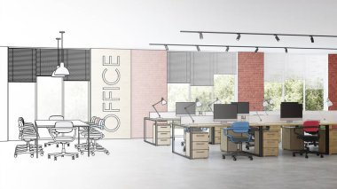 Modern ofis iç. Tasarım projesi. Çizim. 3d render.