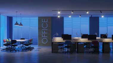 Modern ofis iç. Akşam Aydınlatması. Gece. 3d render.