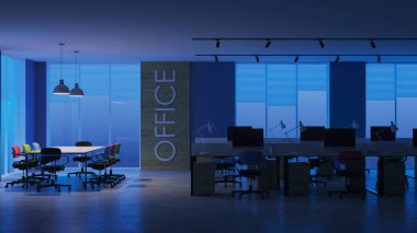 Modern ofis iç. Akşam Aydınlatması. Gece. 3d render.