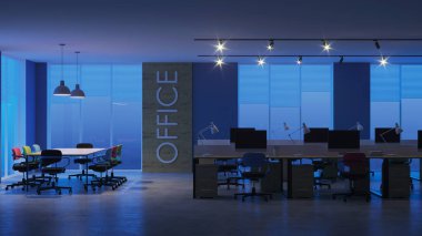 Modern ofis iç. Akşam Aydınlatması. Gece. 3d render.