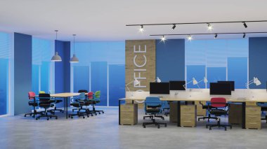 Modern ofis iç. Akşam Aydınlatması. Gece. 3d render.
