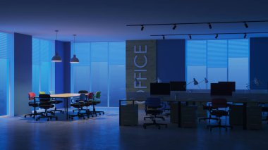 Modern ofis iç. Akşam Aydınlatması. Gece. 3d render.