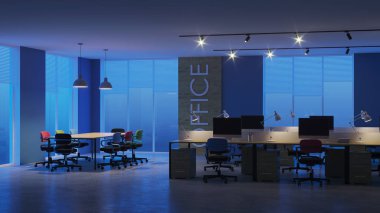 Modern ofis iç. Akşam Aydınlatması. Gece. 3d render.