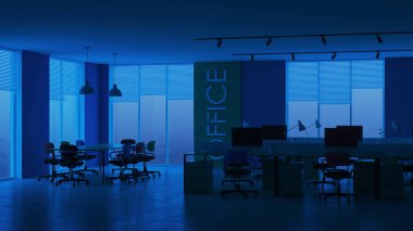 Modern ofis iç. Akşam Aydınlatması. Gece. 3d render.
