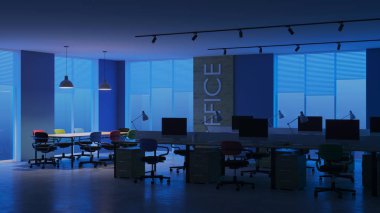 Modern ofis iç. Akşam Aydınlatması. Gece. 3d render.