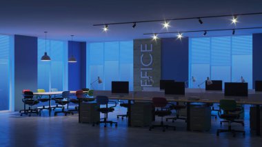 Modern ofis iç. Akşam Aydınlatması. Gece. 3d render.