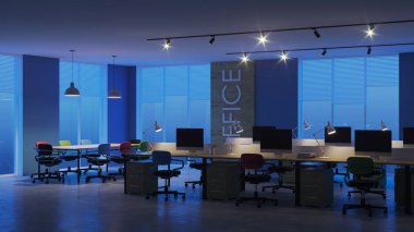 Modern ofis iç. Akşam Aydınlatması. Gece. 3d render.