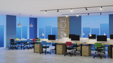 Modern ofis iç. Akşam Aydınlatması. Gece. 3d render.