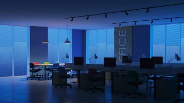 Modern ofis iç. Akşam Aydınlatması. Gece. 3d render.