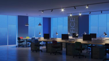 Modern ofis iç. Akşam Aydınlatması. Gece. 3d render.